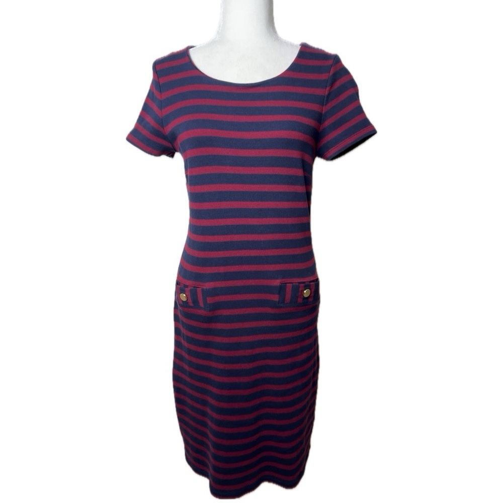 TALBOTS Sheath Dress Striped Short Sleeve Pintuck Cotton Navy Blue Maroon Medium